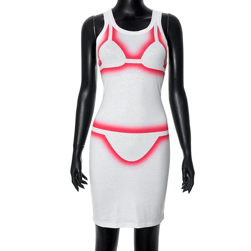 New Casual Round Neck Sleeveless Printed Vest High Waist Slim Fit Short Dress