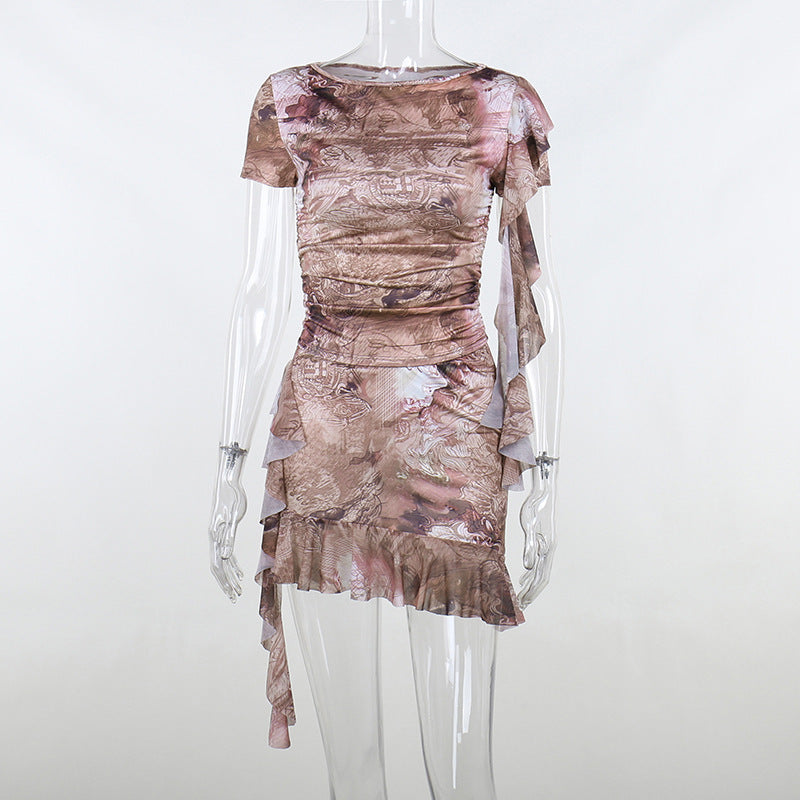 Ruffled Round Neck Printing Short Sleeve