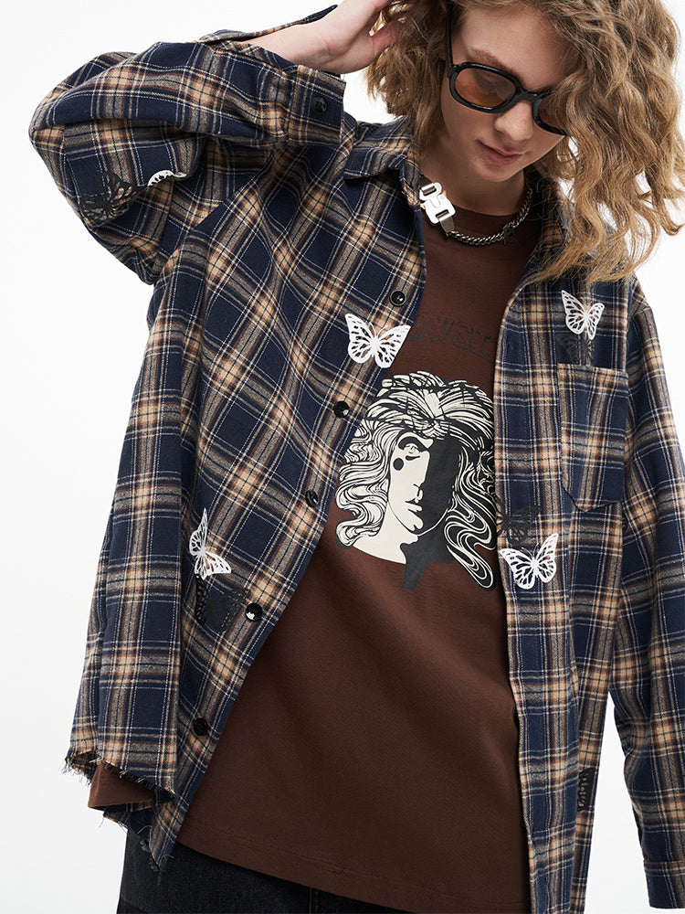 Veste ample à carreaux vintage à imprimé papillon