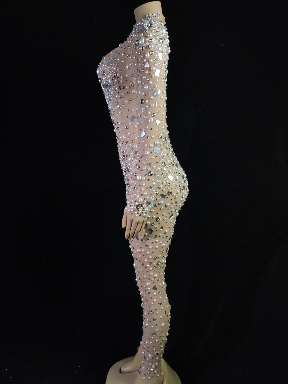 Combinaison à paillettes diamant, coupe ajustée, manches longues