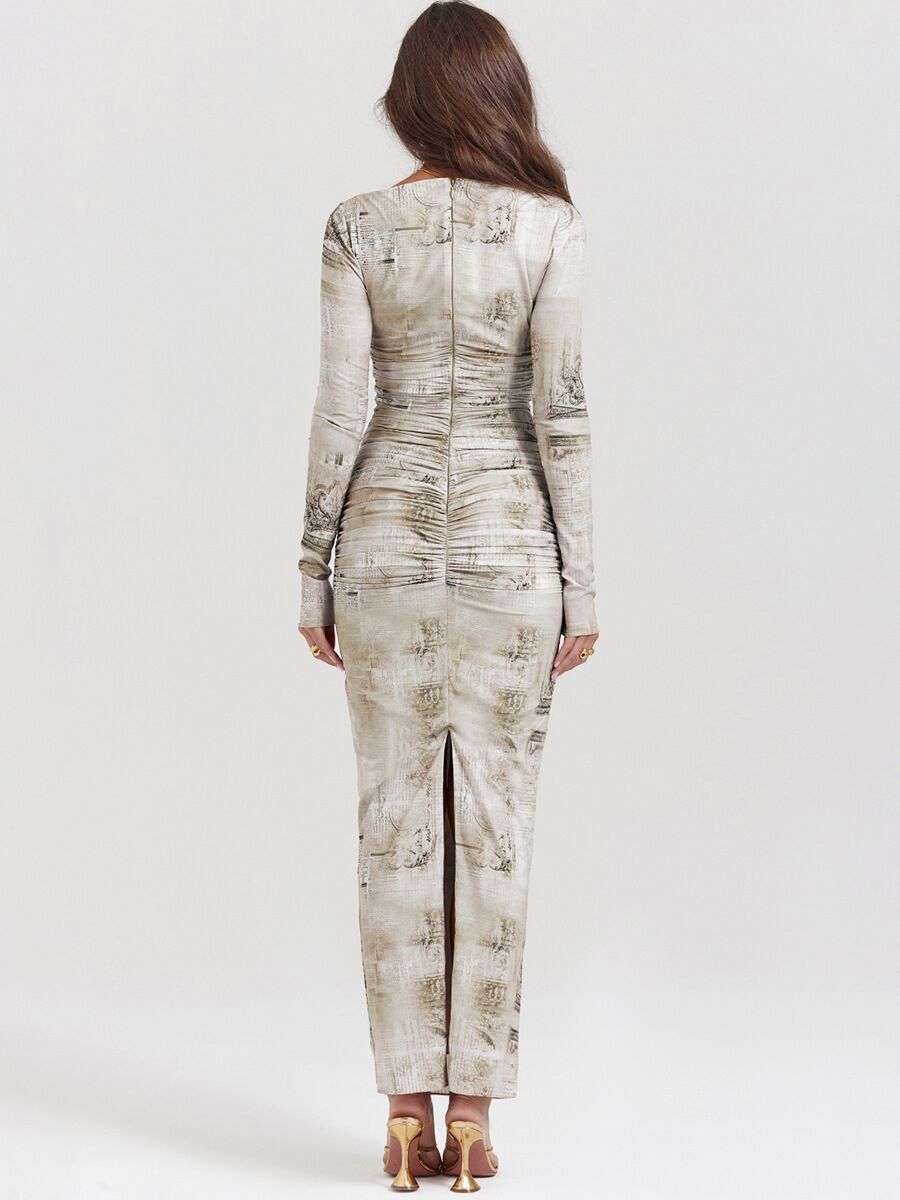 Printed Long Sleeve Round Neck Tight Dress