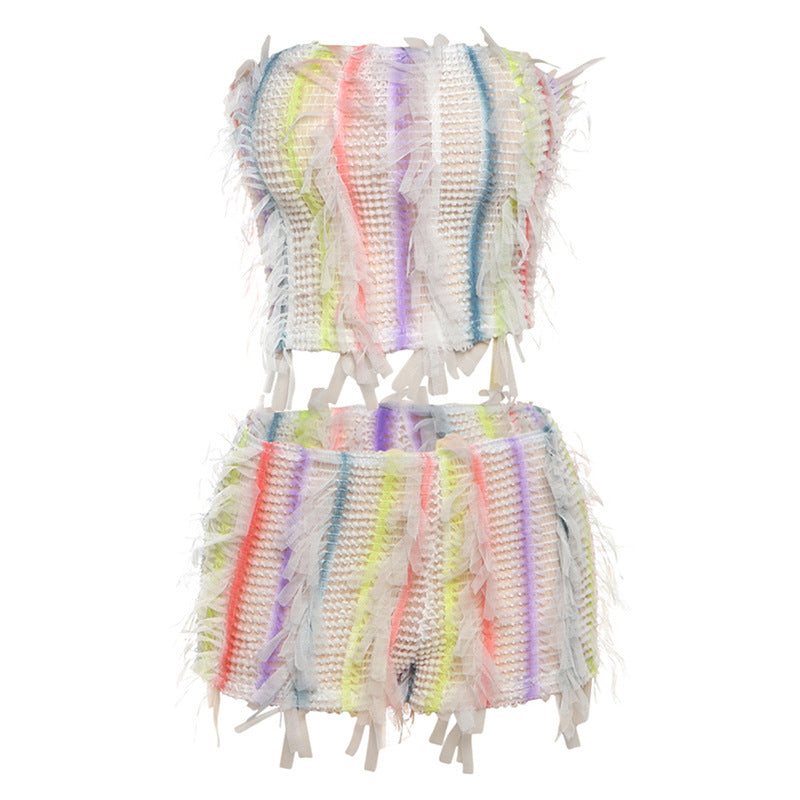 Ensemble débardeur sans manches, short rayé court à franges et shorty rayé