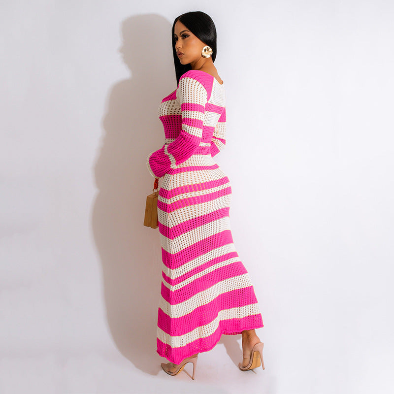 New Striped Colored Pullover Knitted Beach Bikini Blouse Long Dress