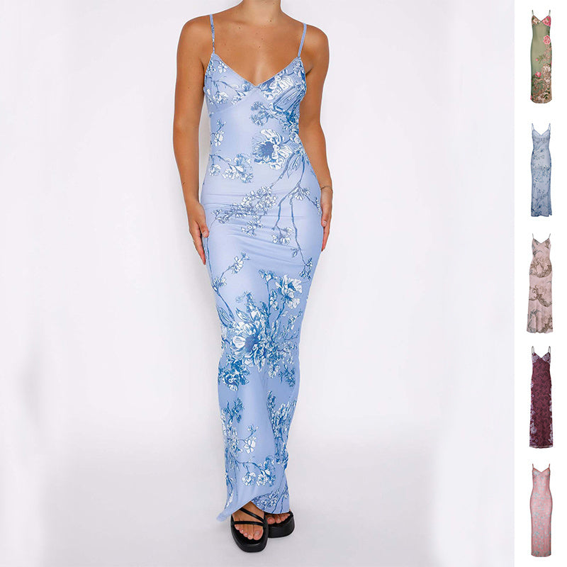 Slim Flowers Printing Long Dresses