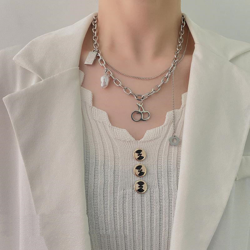 Pearl Titanium Steel Hip Hop Multi-layer Stitching Necklace