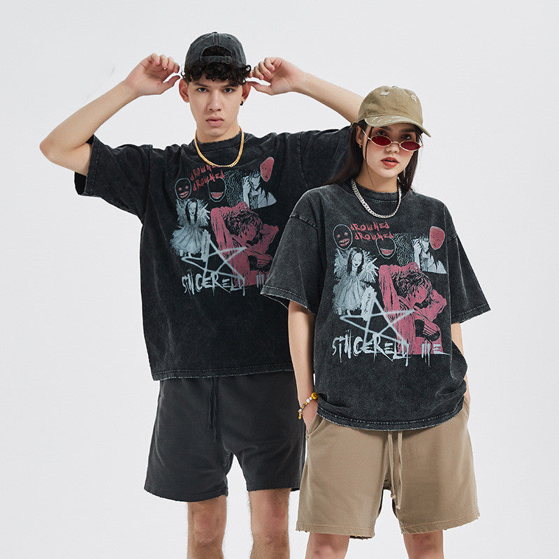 Men's Comic Graffiti Loose Washed Distressed Short Sleeve T-Shirt