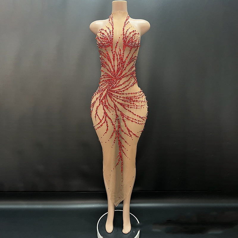 Robe de soirée tendance à cristaux brillants et vaporeux