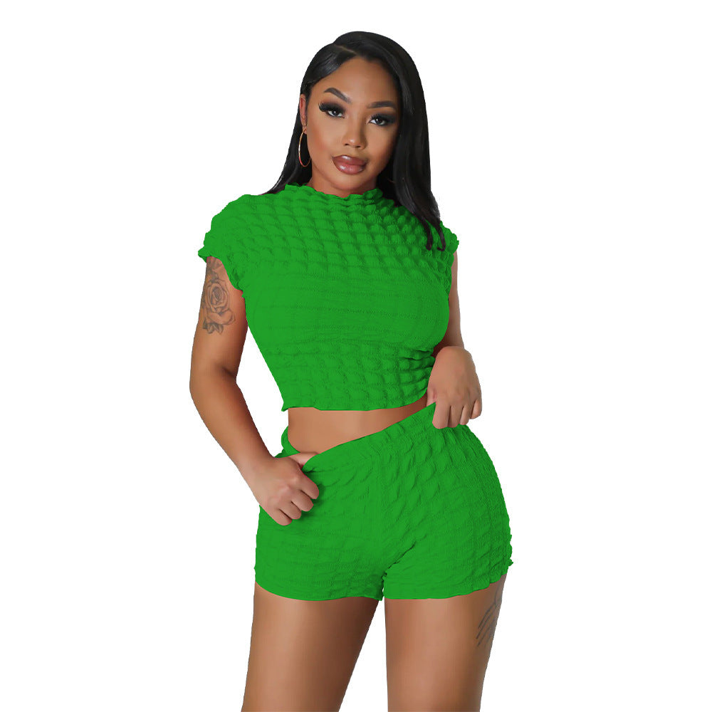 Clothing Hot Sleeveless Midriff-baring Shorts Popcorn Bubble Two-piece Set