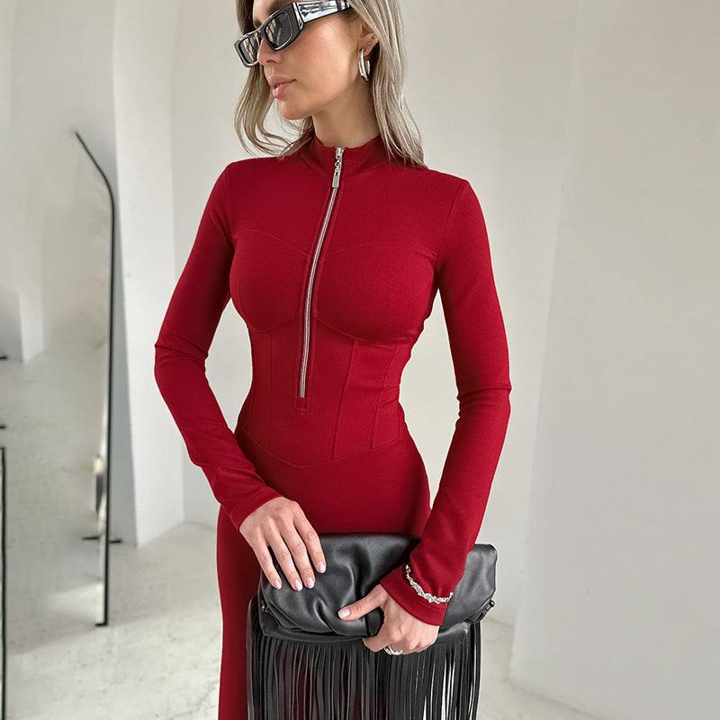 Robe à manches longues patchwork fendue et ajustée avec fermeture éclair