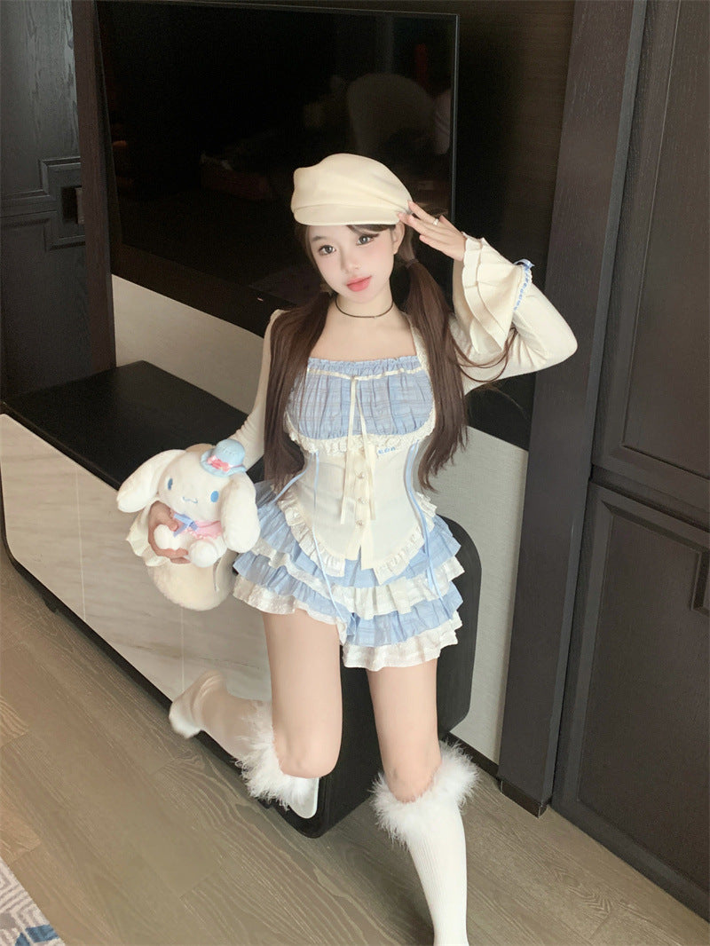 Waist-controlled Top Women's Autumn Tiered Skirt Short Skirt Two-piece Set