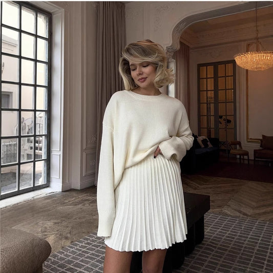 Solid Color Round Neck Sweater Pleated Skirt Suit Fashion Skirt