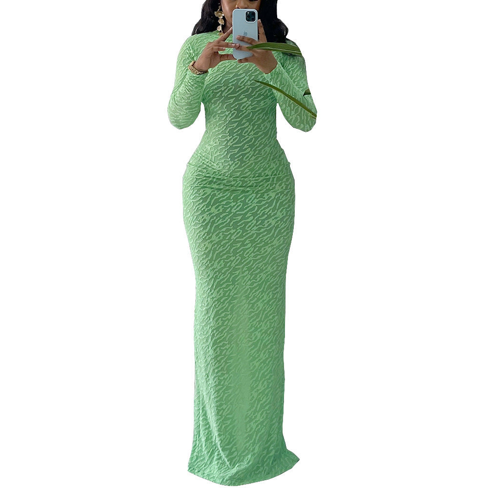 Round Neck Long Sleeve Flocking Slim Fit European And American Style Dress Women