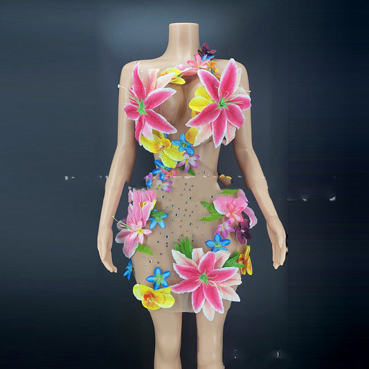 Costume de performance floral, robe de scène sans manches en strass