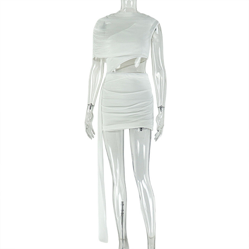 Ensemble jupe courte asymétrique à col rond, couleur unie, deux pièces