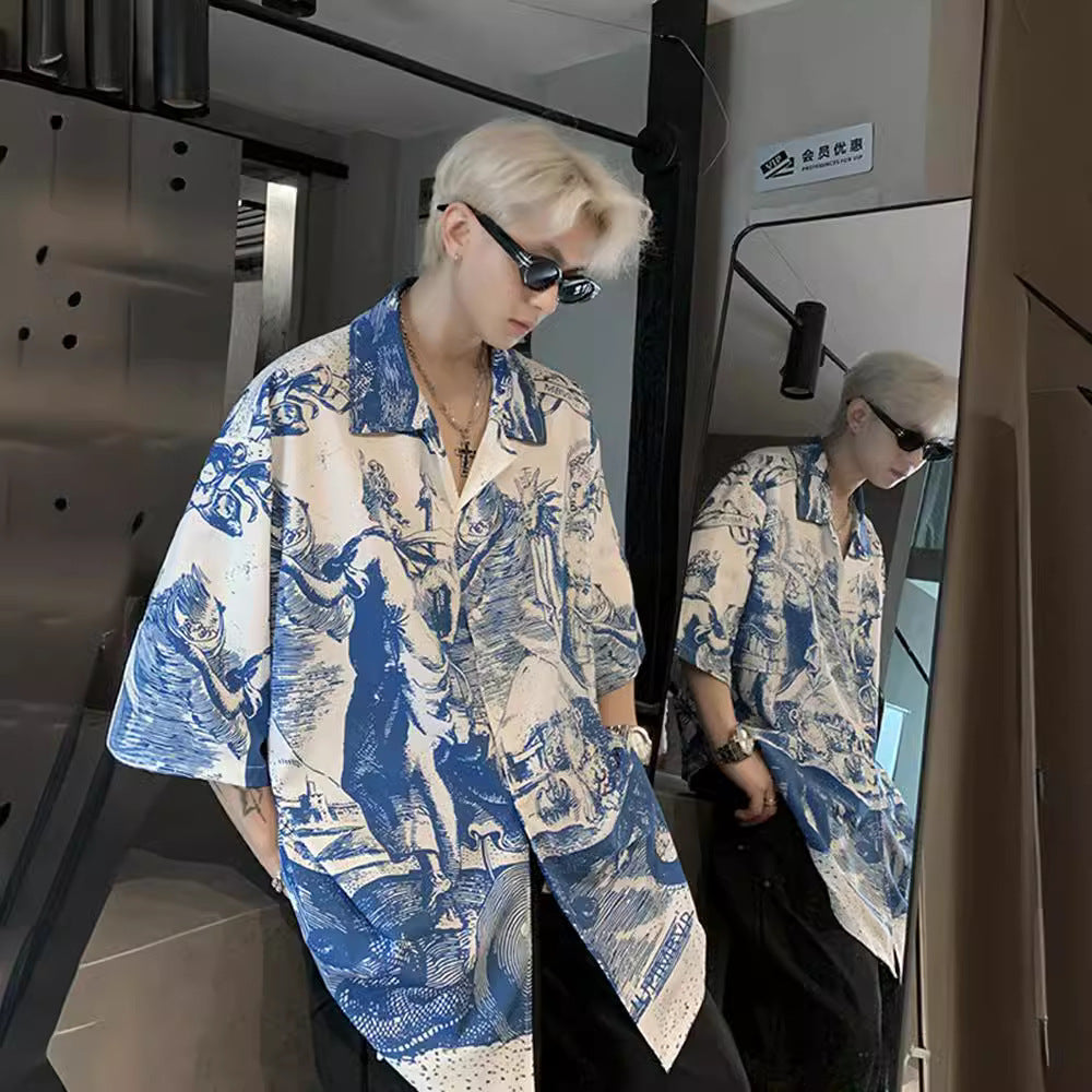 Chemise en soie glacée imprimée en relief style vacances Cuba avec nœud papillon américain