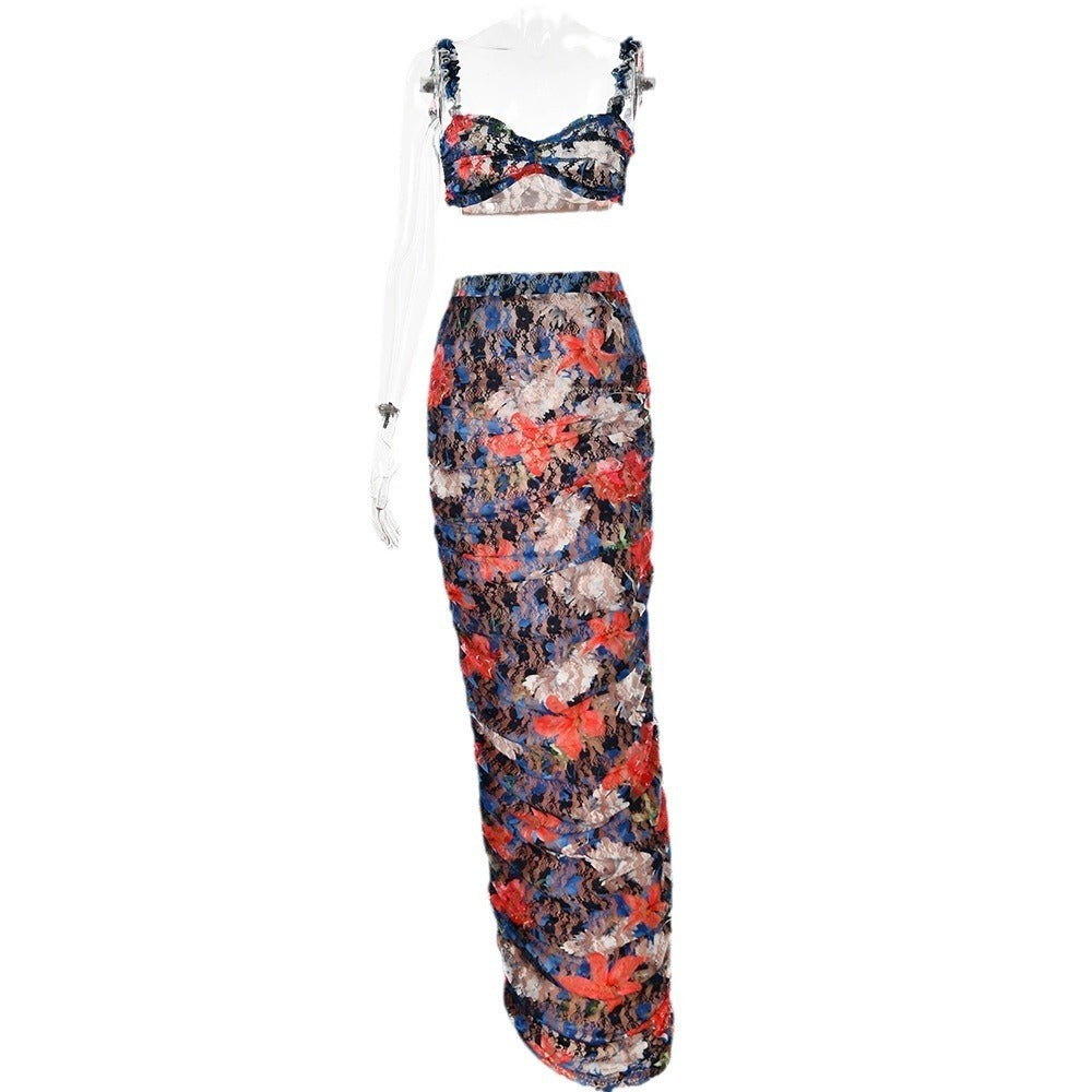 Fashion Printed Sling Backless Pleated Dress Suit