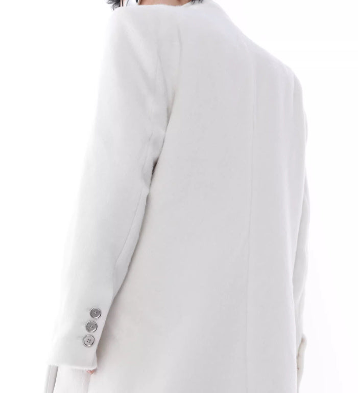 Manteau en laine à épaules rembourrées et coutures en cuir synthétique, long trench-coat blanc au-dessus du genou
