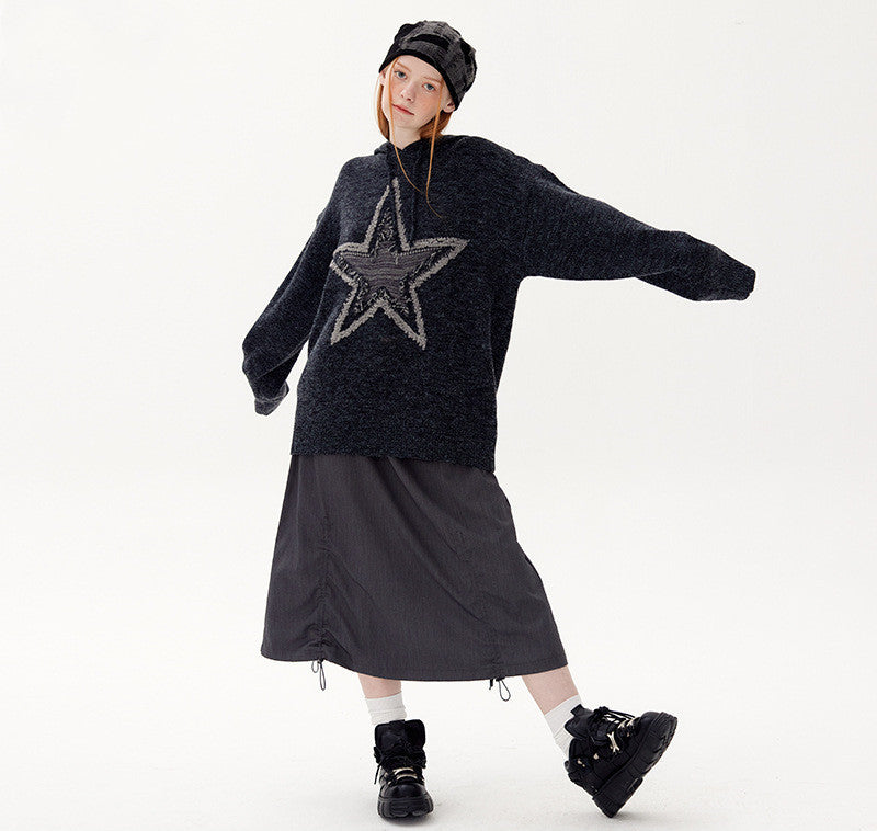Hooded Knit Sweater Five Pointed Star Jacquard