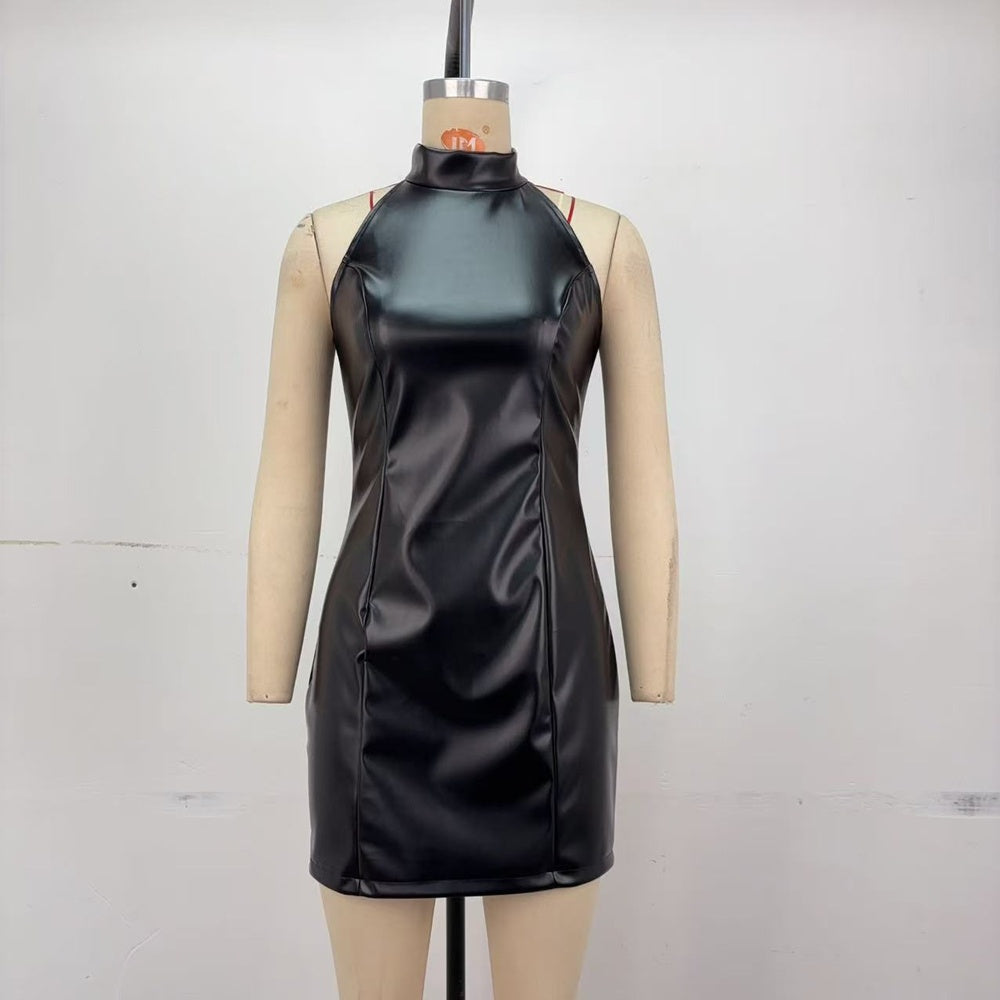Stand Collar PU Leather Slim Sleeveless Mini Dress