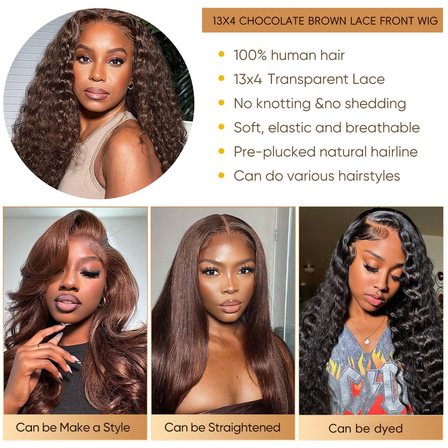 Deep Wave Lace Front Wig 180 Density Chocolate Brown Lace