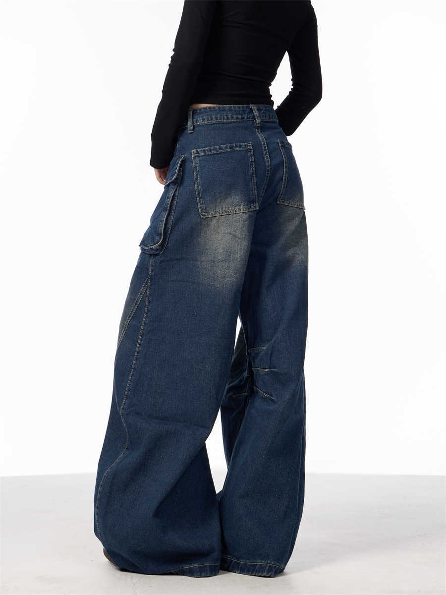 Wide-leg Jeans With Pockets High Waist Loose Trousers
