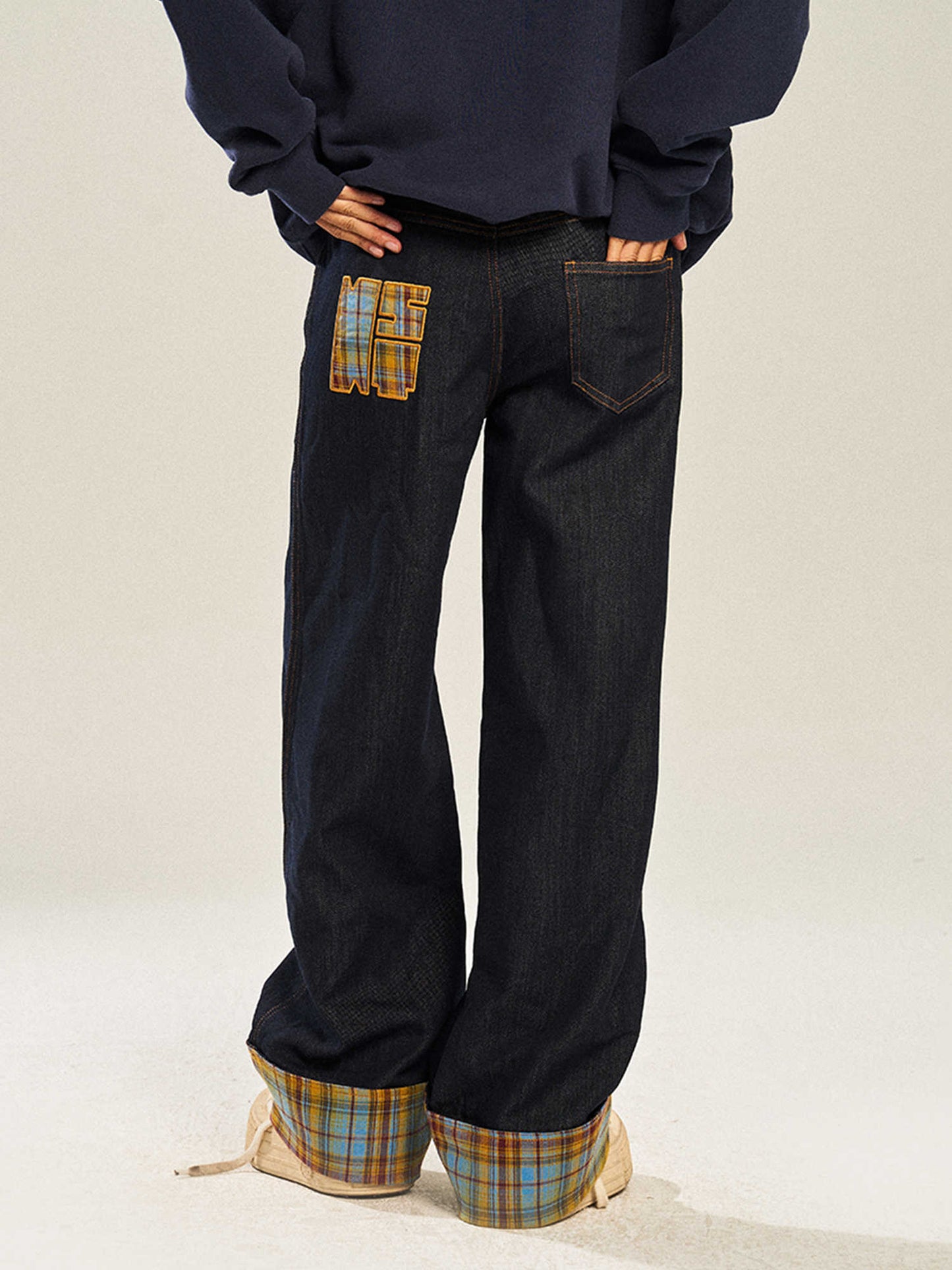 Jean décontracté à carreaux rétro, coupe droite et jambe large