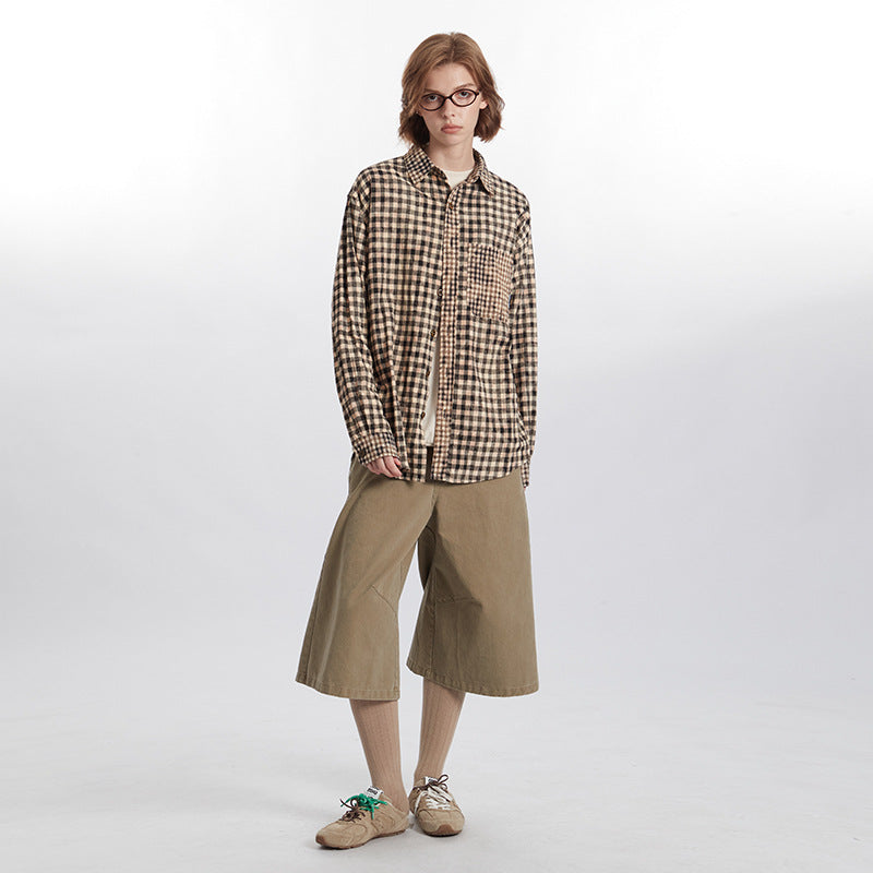 Plaid Pocket Design Contrast Color Shirt Women's Fashionable