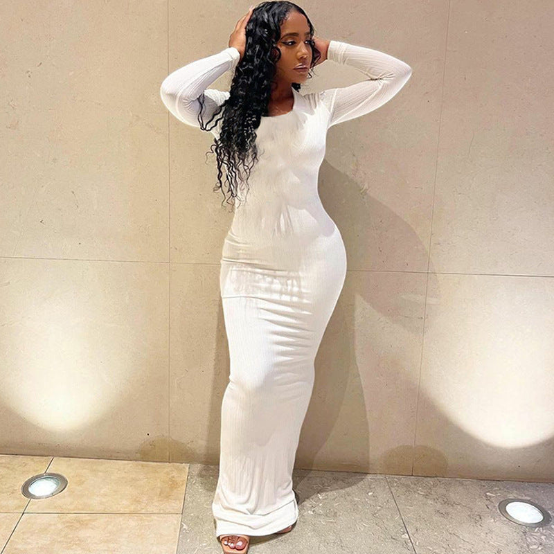 Style Fashion Solid Color Slim Fit Round Neck Long Sleeves Dress