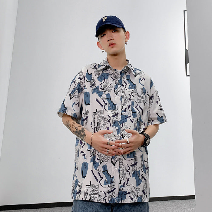 Solid Color Drop Shoulder Print Extra Loose Shirt Tide Brand Short Lining