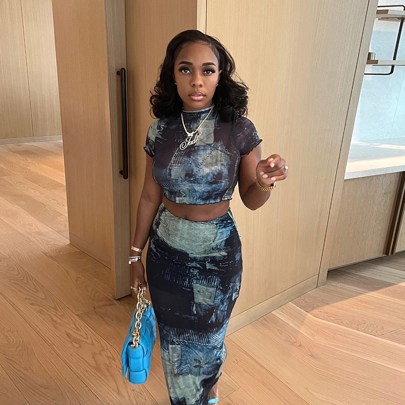 T-shirt tendance à col rond et taille haute, jupe à taille haute, ensemble décontracté