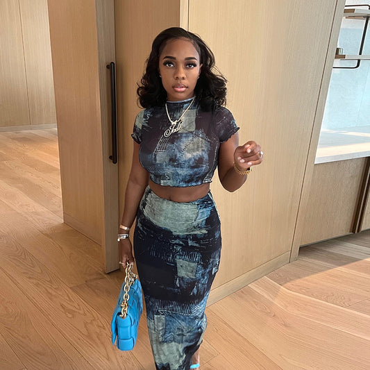 T-shirt tendance à col rond et taille haute, jupe à taille haute, ensemble décontracté