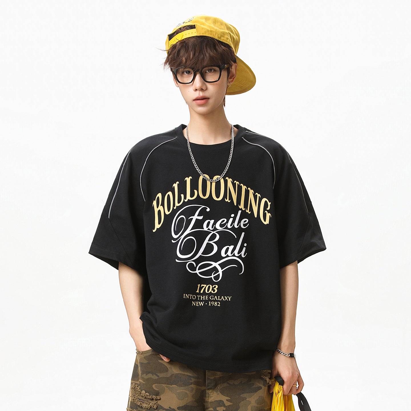 Contrast-color Letter-printed Cotton Short-sleeve T-shirt