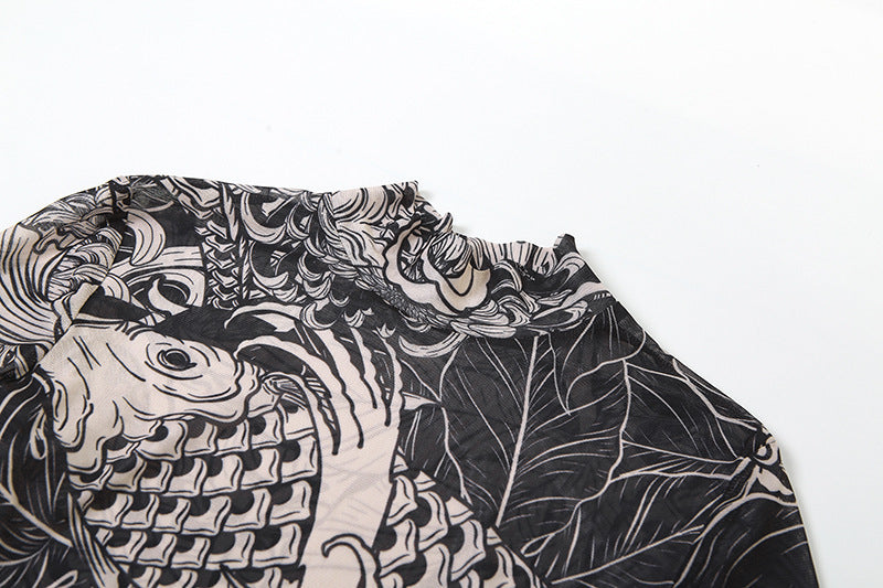 Abito a vita alta in rete con stampa digitale da strada, stile personalità della moda