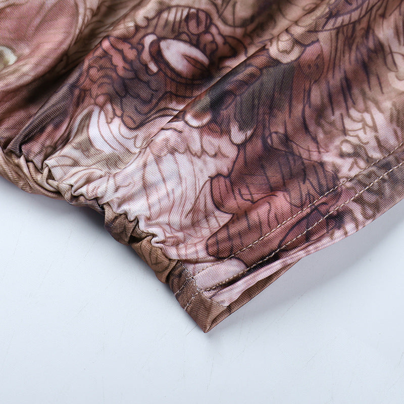 Ruffled Round Neck Printing Short Sleeve