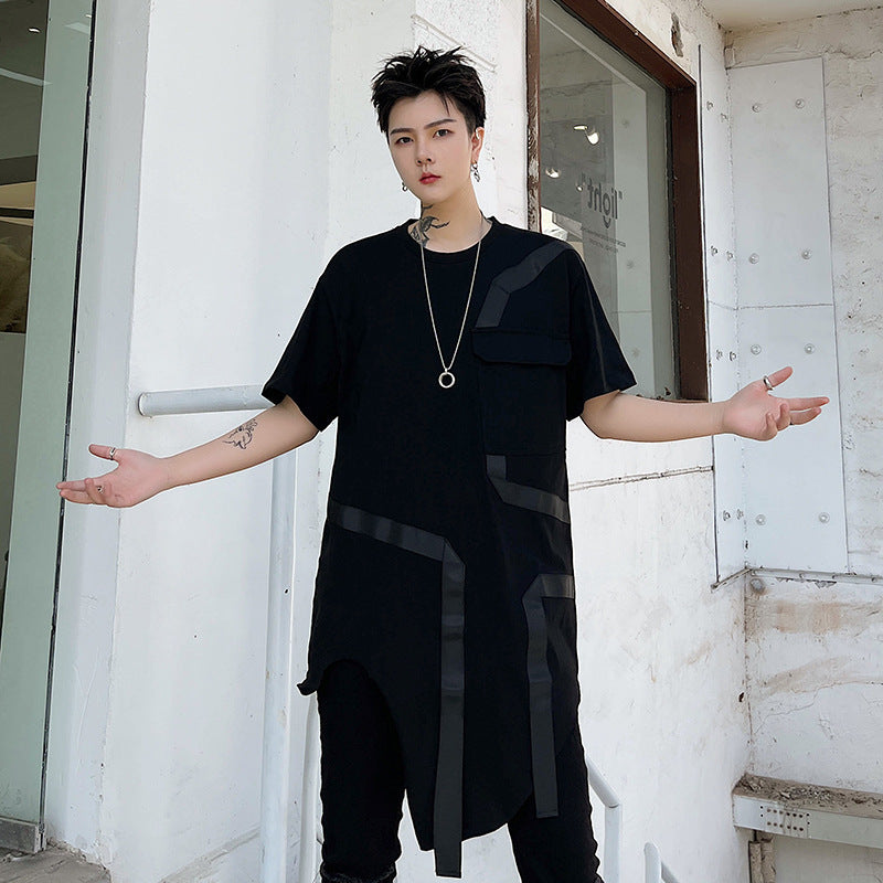 Dark Mid-length Asymmetrical Hem Short-sleeved T-shirt