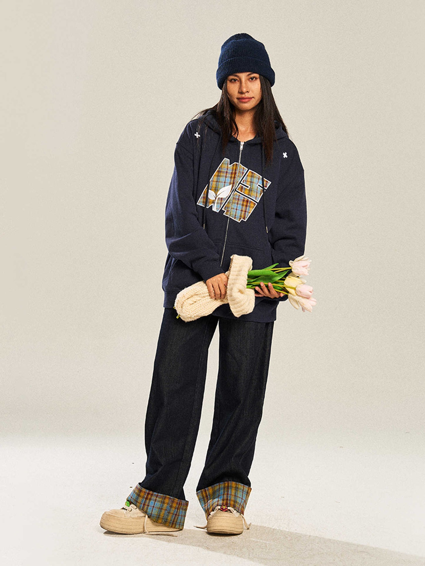 Jean décontracté à carreaux rétro, coupe droite et jambe large