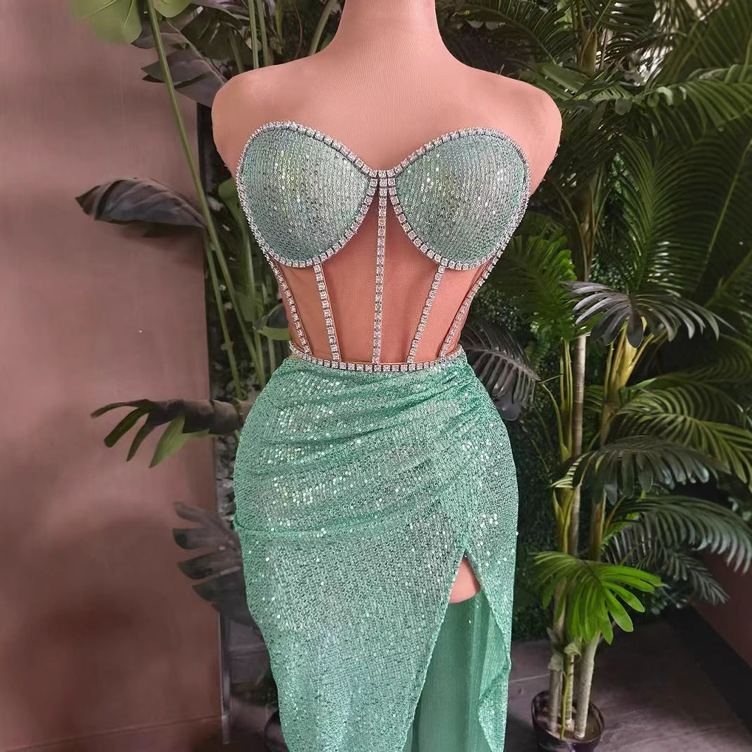 Casual All-match Shiny Rhinestone Sequins Top Dress Suit