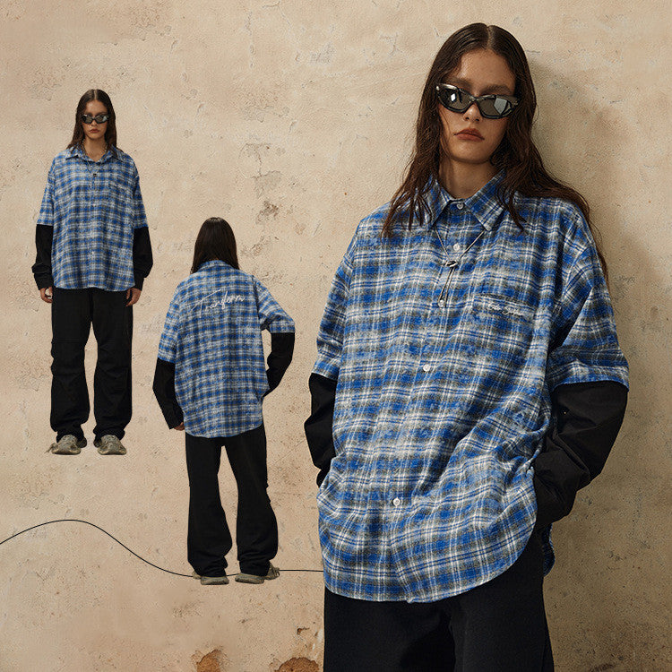 Hip Hop Plaid High Street Letter Embroidery Blooming Lapel Shirt