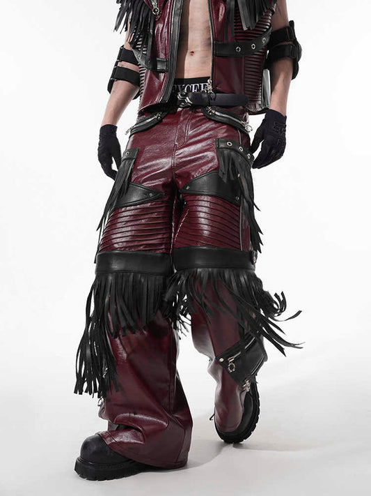 Deconstructed Design Red PU Leather Pants Male