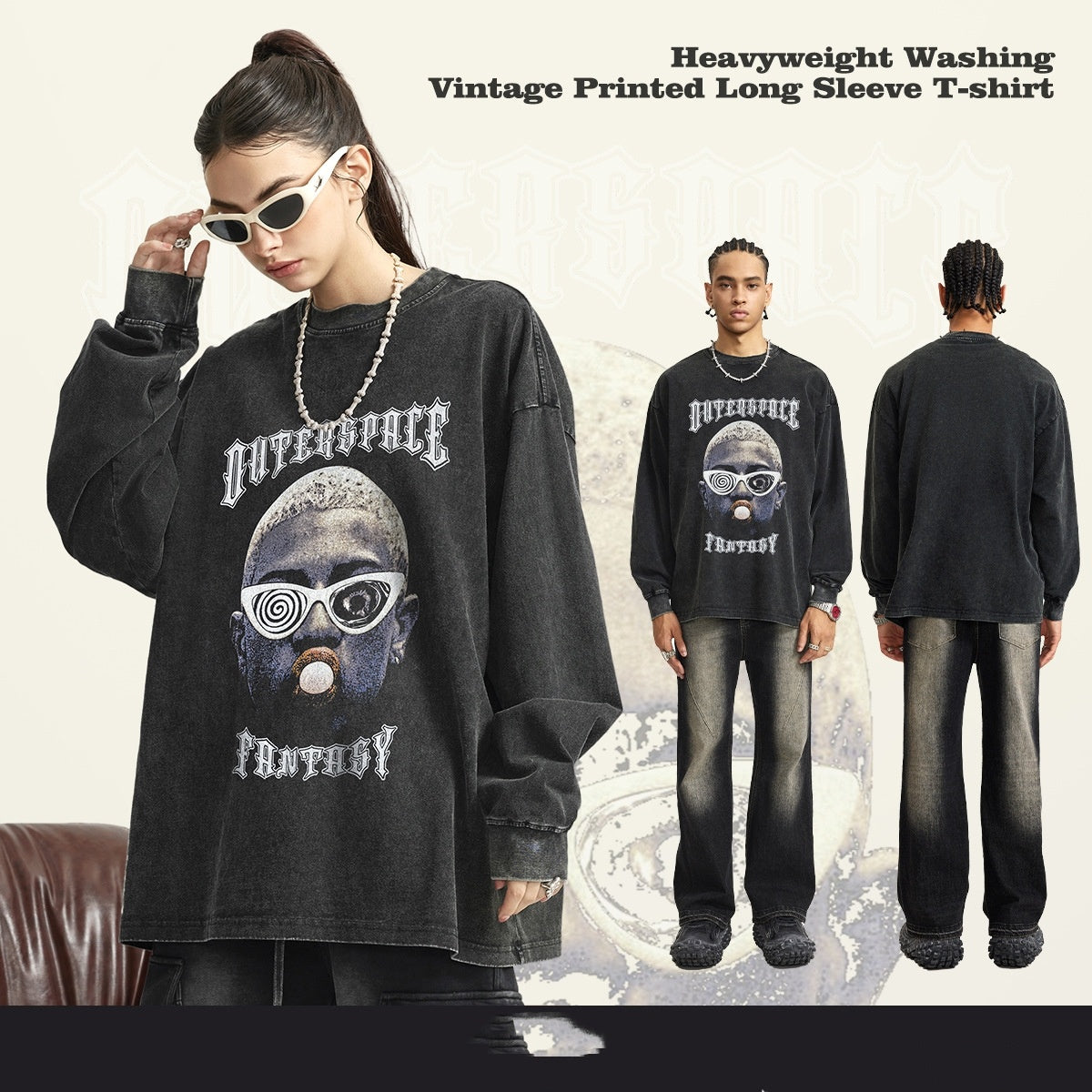 Printed Washed Round Neck Long Sleeve American Retro Street Fashion Brand Couple T-shirt