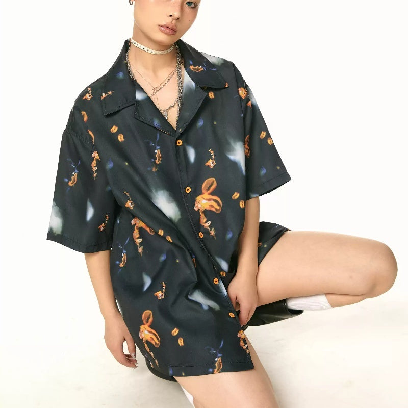 Chemise à manches courtes à imprimé vintage, ample et décontractée