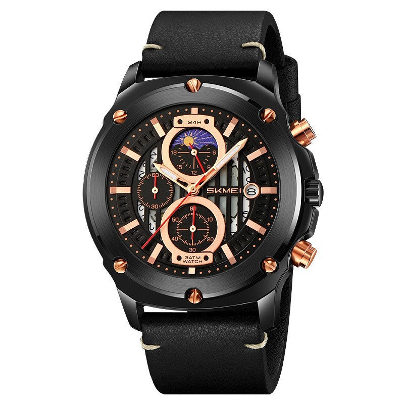 Watch Fashion Trend Men's Leather-belt Watch Three Eyes And Six Needles Quartz Watch