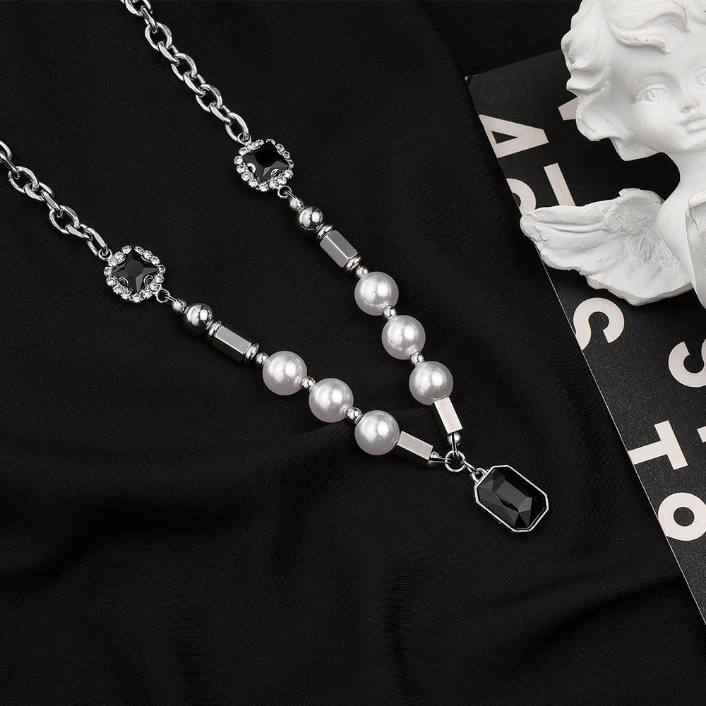 Street Hip Hop Pearl Black Gem Necklace