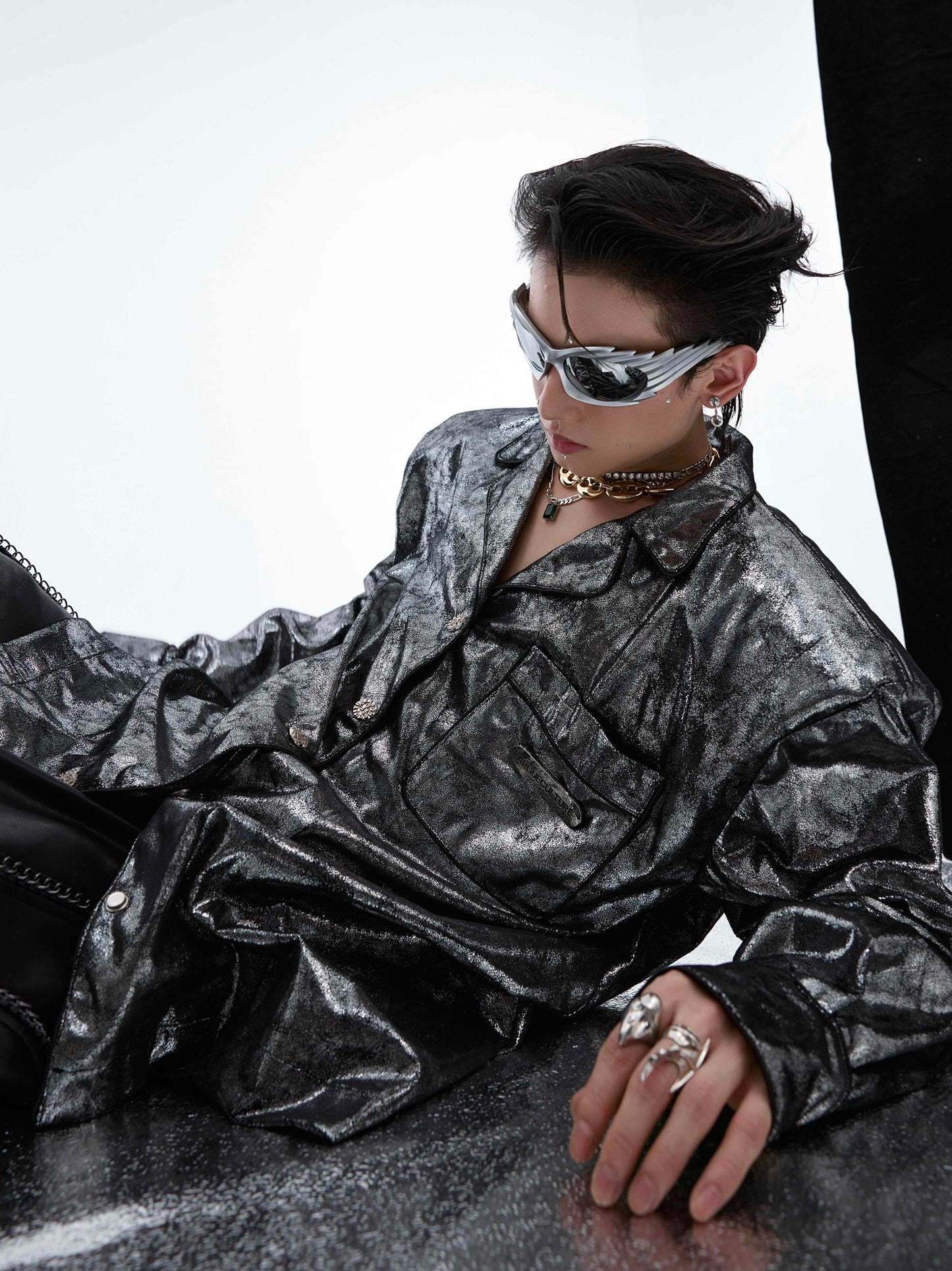 Liquid Silver Texture Padded Shoulder Shirt Loose Thin Coat