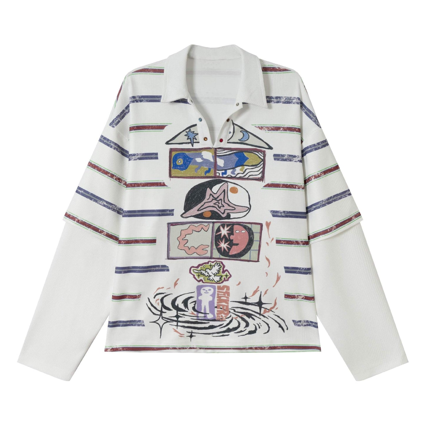 Fake Two-Piece Printed Striped Shirt Hoodie Trendy Versatile Top For Couples Men And Women