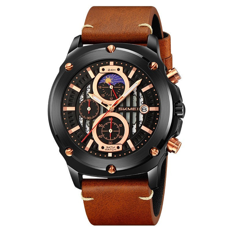 Watch Fashion Trend Men's Leather-belt Watch Three Eyes And Six Needles Quartz Watch