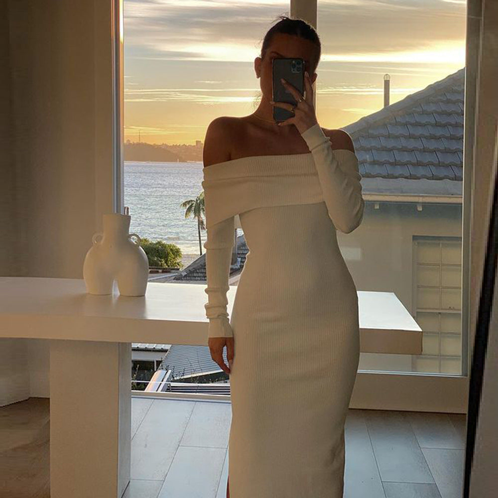 New High-waist One-shoulder  Long-sleeved Dress