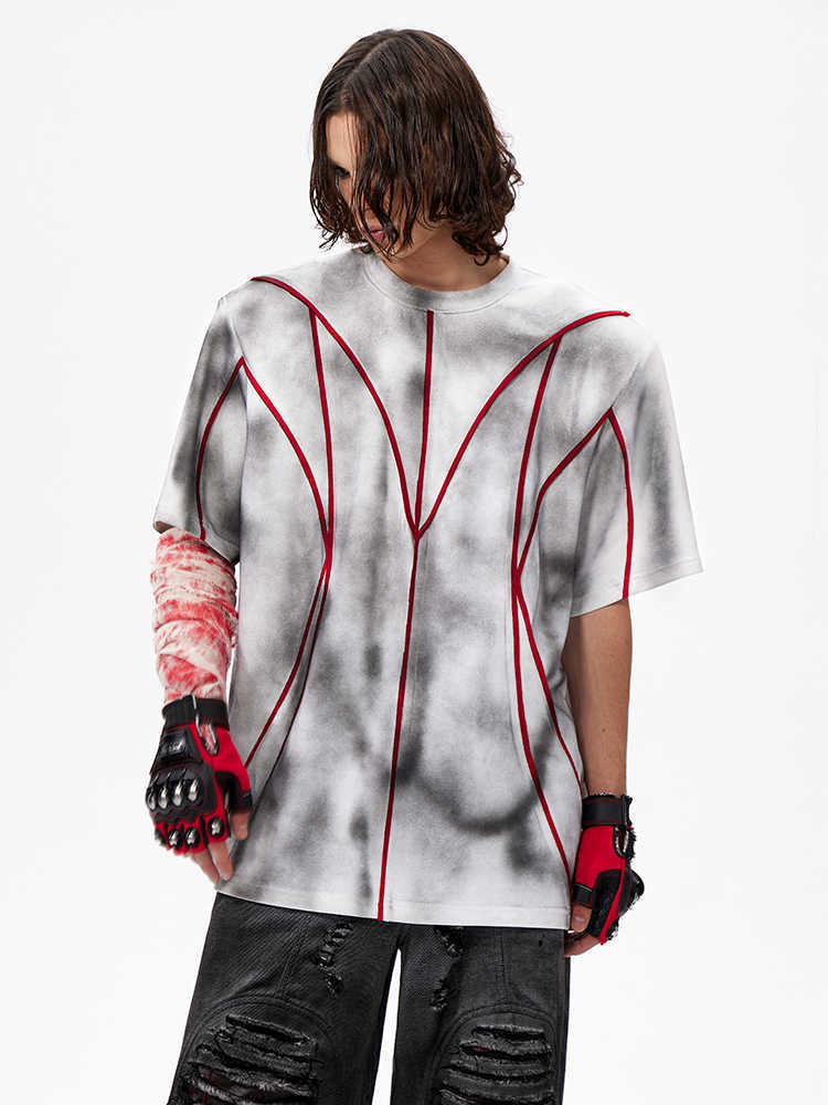 T-shirt à manches courtes et épaules rembourrées, col rond, patchwork tridimensionnel