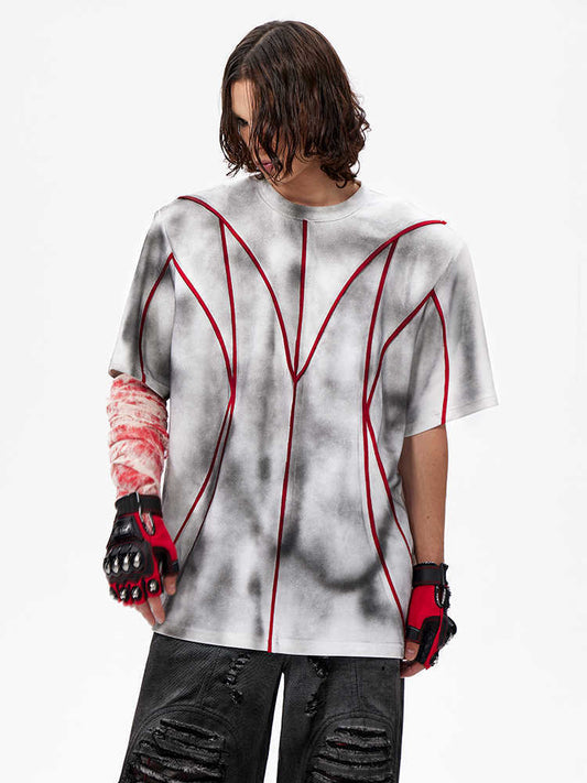 Padded Shoulder Short Sleeve Three-dimensional Line Patchwork Round Neck T-shirt