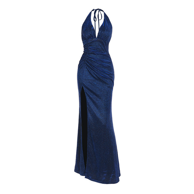 Sexy Slit Dress Fashionable Temperament V-neck Halter Thin And Glittering Dress